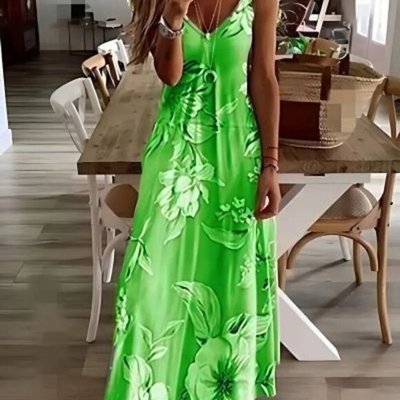 Dresses & Skirts - Floral Print Spaghetti Dress, Casual Crew Neck Ankle Cami Dress Women's Clothing